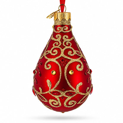Golden Flowers on Red Waterdrop Finial Glass Christmas Ornament