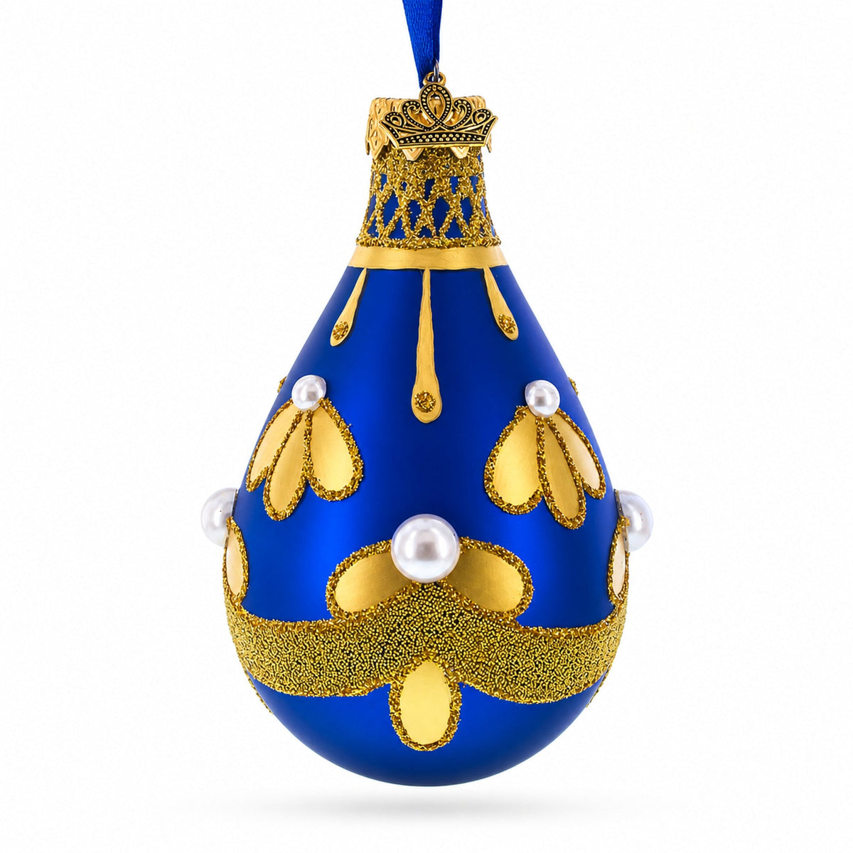 Gold Pattern on Blue Waterdrop Finial Glass Christmas Ornament