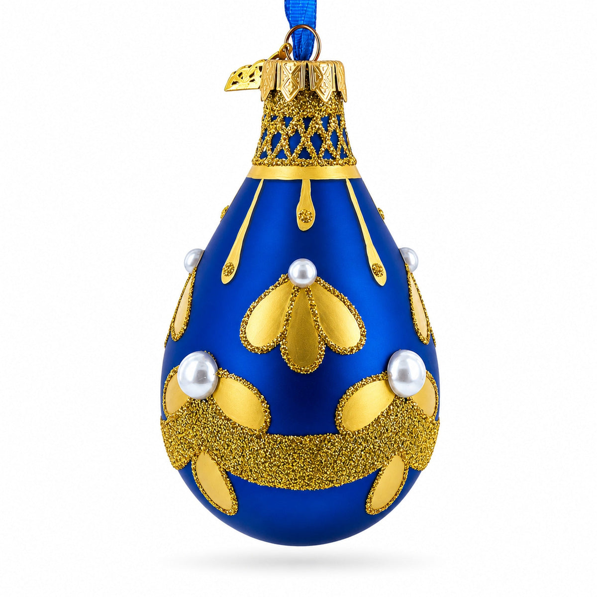 Gold Pattern on Blue Waterdrop Finial Glass Christmas Ornament