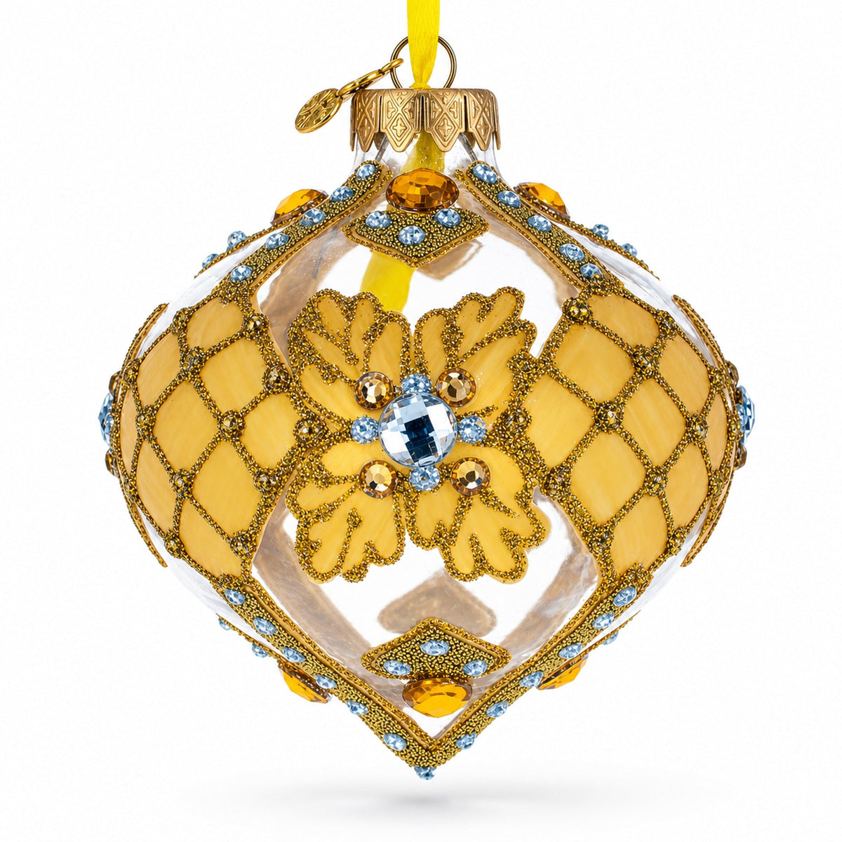 Jeweled Golden Leaves on Clear Onion-Shape Finial Glass Christmas Ornament