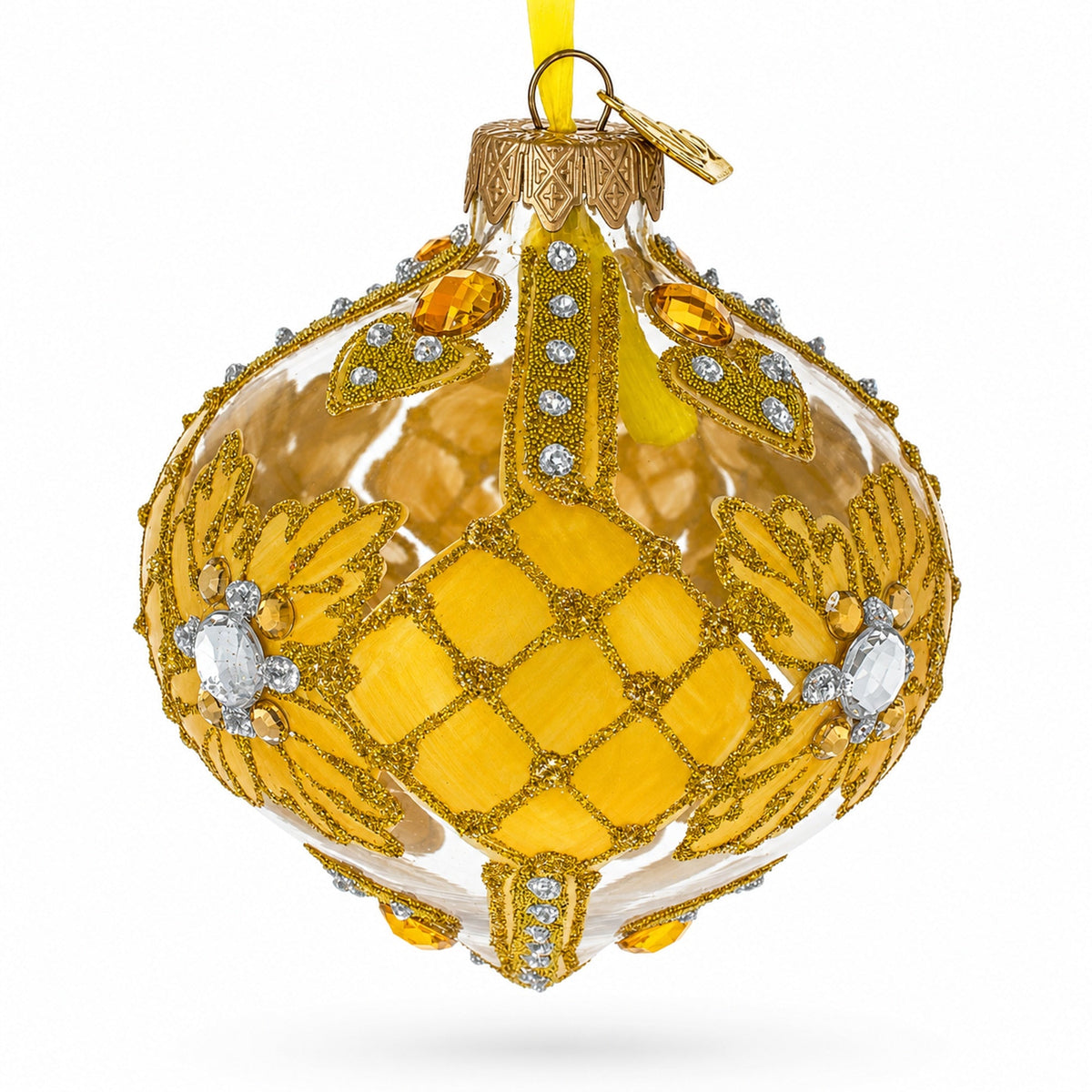 Jeweled Golden Leaves on Clear Onion-Shape Finial Glass Christmas Ornament