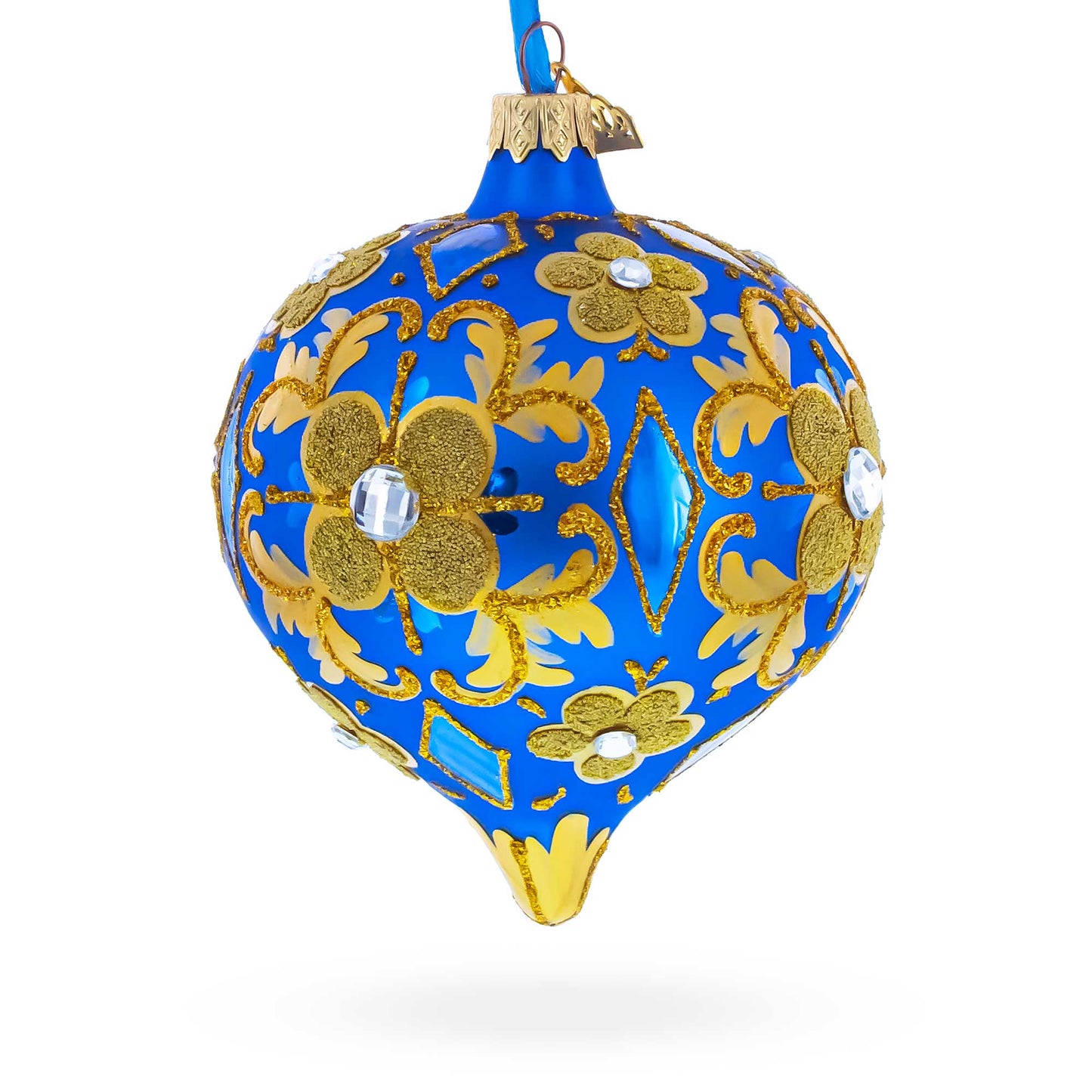 Jeweled Golden Leaves on Blue Onion-Shape Finial Glass Christmas Ornament