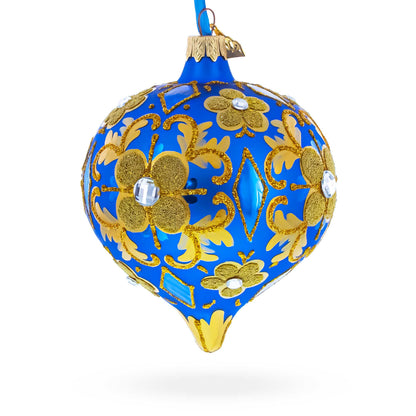 Jeweled Golden Leaves on Blue Onion-Shape Finial Glass Christmas Ornament