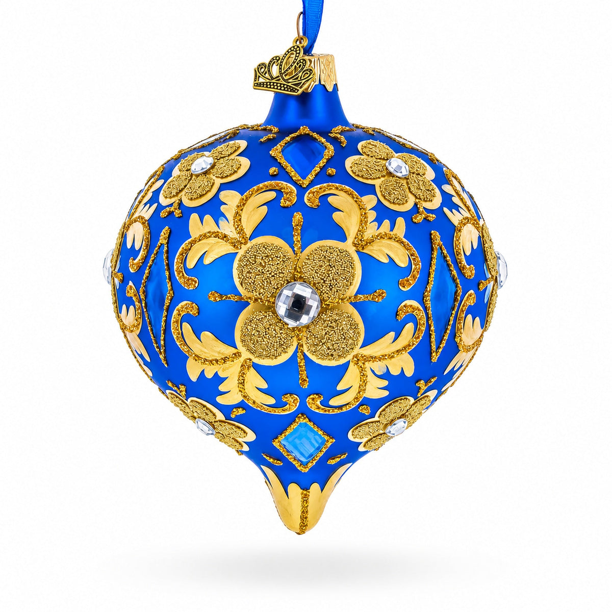 Jeweled Golden Leaves on Blue Onion-Shape Finial Glass Christmas Ornament