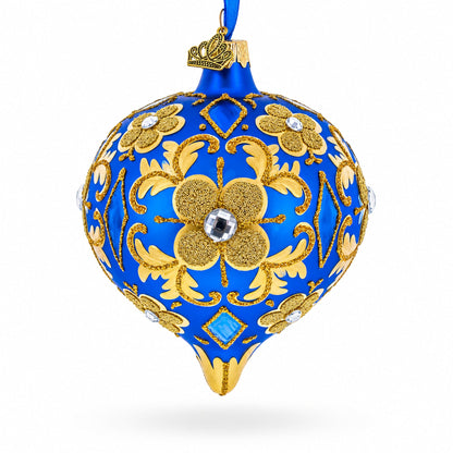 Jeweled Golden Leaves on Blue Onion-Shape Finial Glass Christmas Ornament
