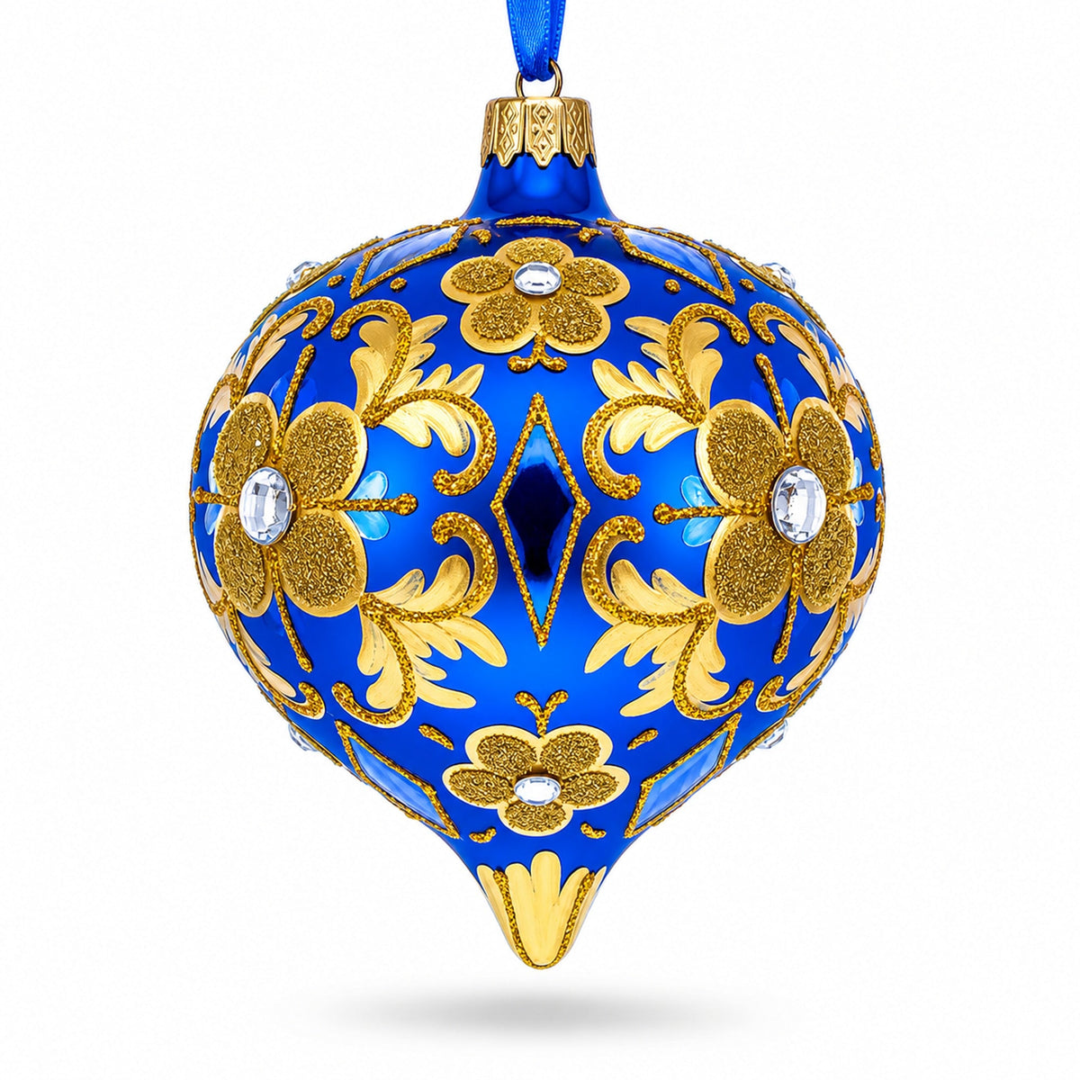Jeweled Golden Leaves on Blue Onion-Shape Finial Glass Christmas Ornament