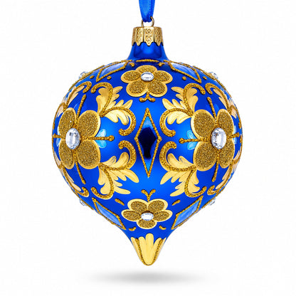 Jeweled Golden Leaves on Blue Onion-Shape Finial Glass Christmas Ornament