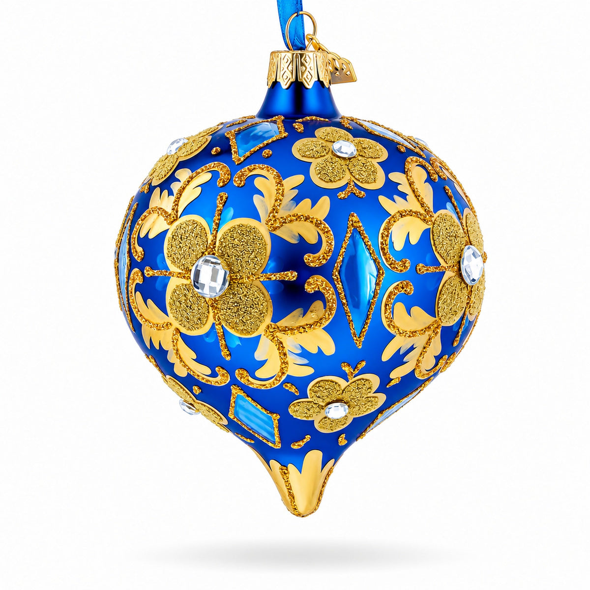 Jeweled Golden Leaves on Blue Onion-Shape Finial Glass Christmas Ornament