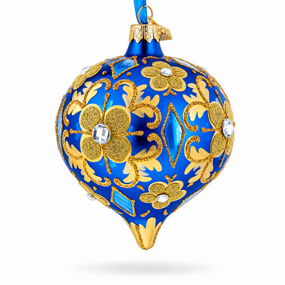 Jeweled Golden Leaves on Blue Onion-Shape Finial Glass Christmas Ornament
