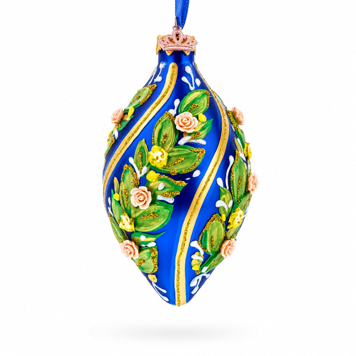 Swirl Roses on Blue Pointed Teardrop Finial Glass Christmas Ornament