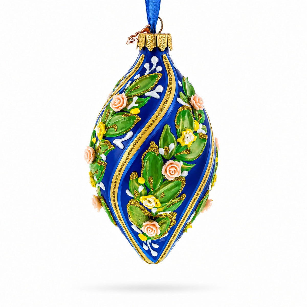 Swirl Roses on Blue Pointed Teardrop Finial Glass Christmas Ornament