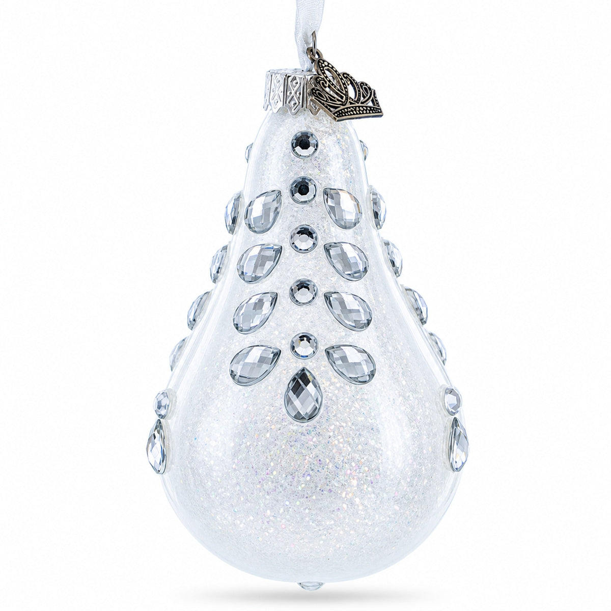 Diamonds on Clear Waterdrop Finial Glass Christmas Ornament