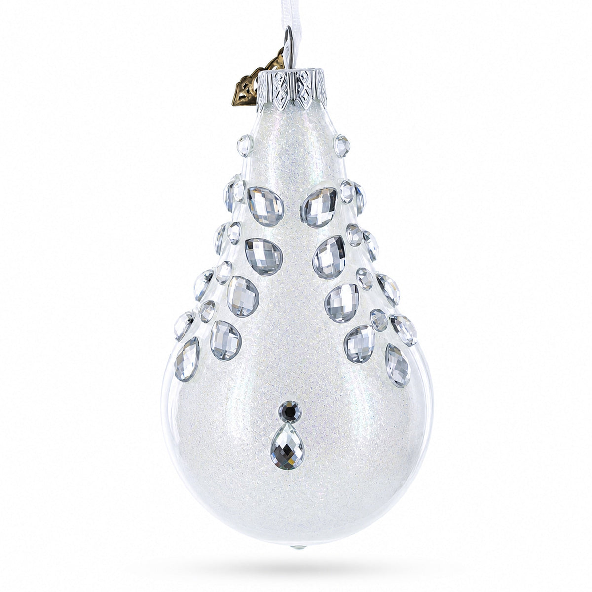 Diamonds on Clear Waterdrop Finial Glass Christmas Ornament