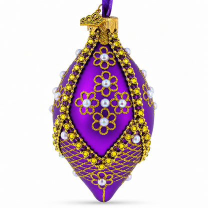 Golden Pearl Flowers on Purple Pointed Teardrop Finial Glass Ornament