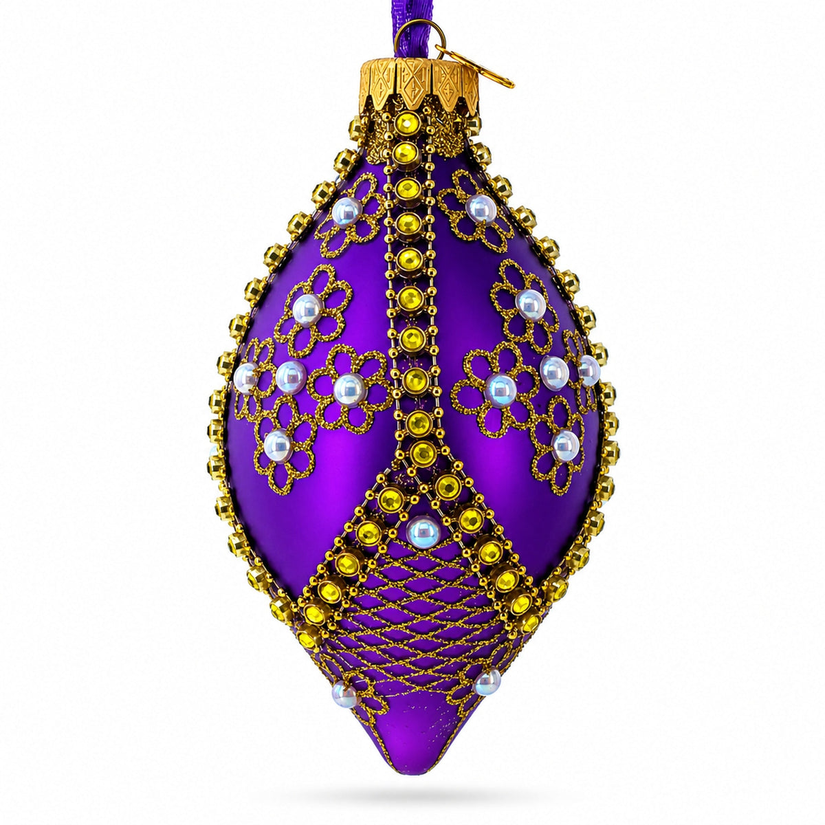 Golden Pearl Flowers on Purple Pointed Teardrop Finial Glass Ornament