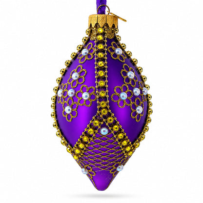 Golden Pearl Flowers on Purple Pointed Teardrop Finial Glass Ornament