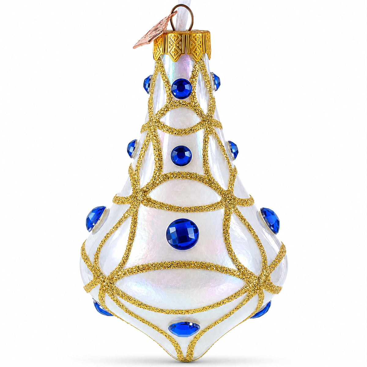 Blue Jewels on Clear Glass Bell Finial Christmas Ornament
