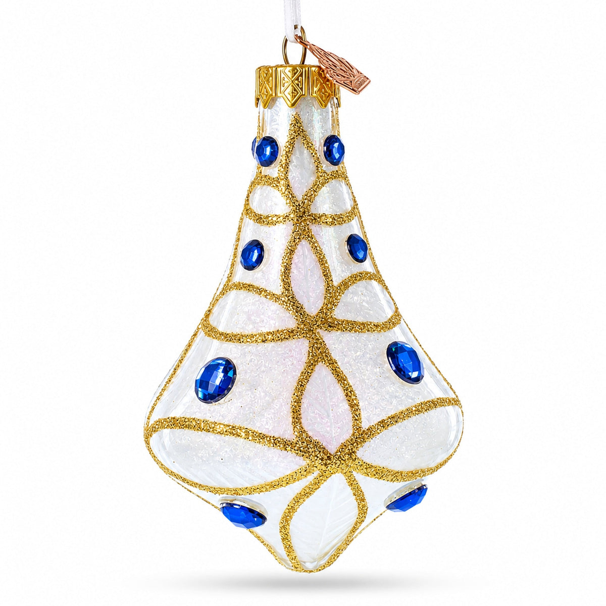 Blue Jewels on Clear Glass Bell Finial Christmas Ornament