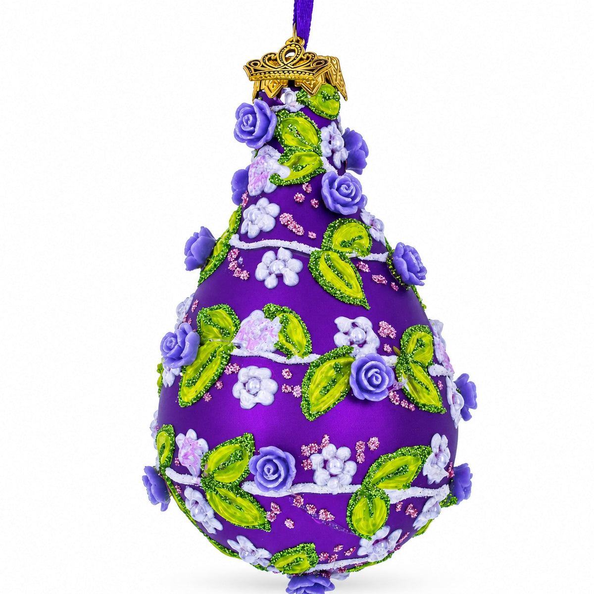 Embossed Roses on Purple Waterdrop Finial Glass Christmas Ornament