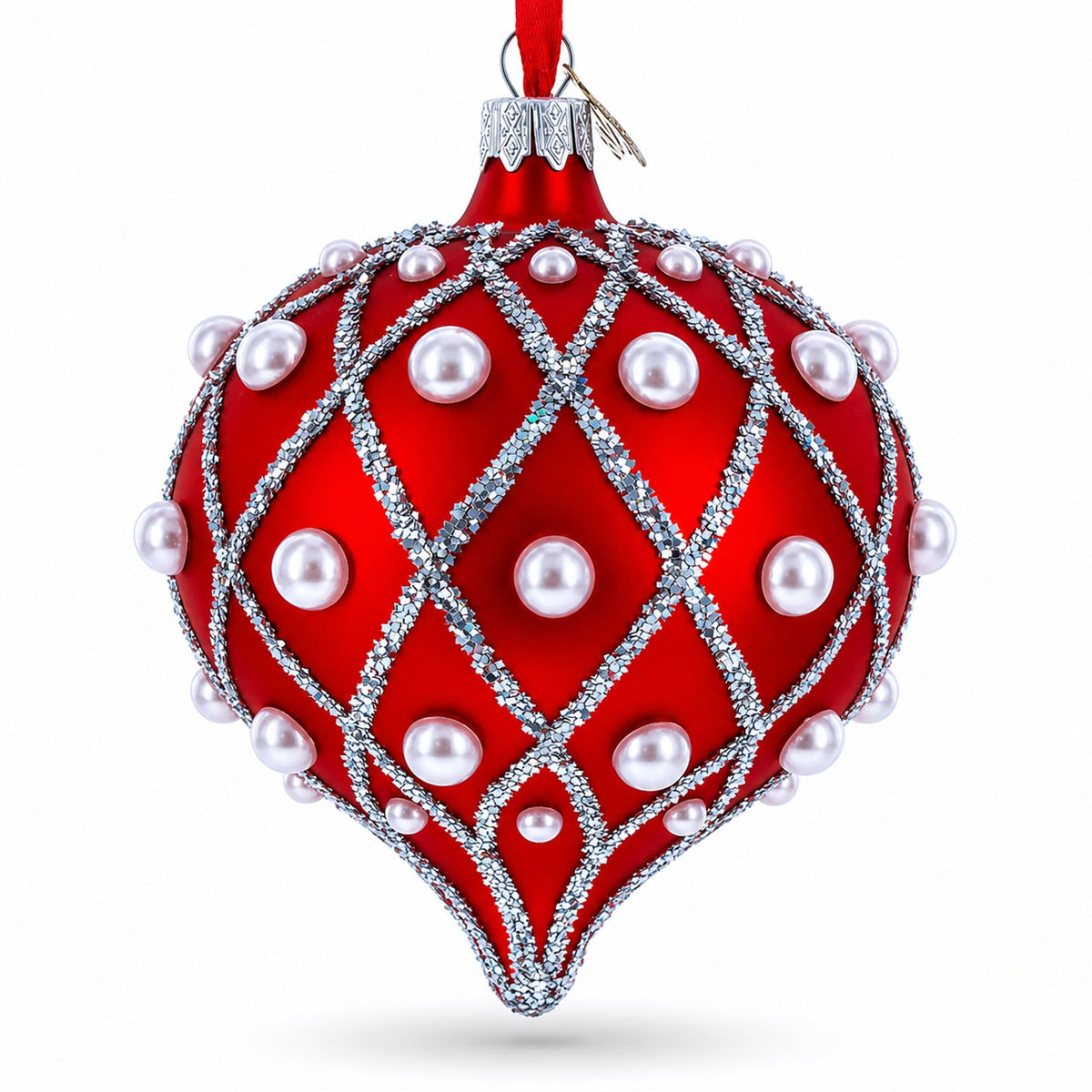 Pearl on Diamond Grid on Red Onion-Shape Finial Glass Christmas Ornament