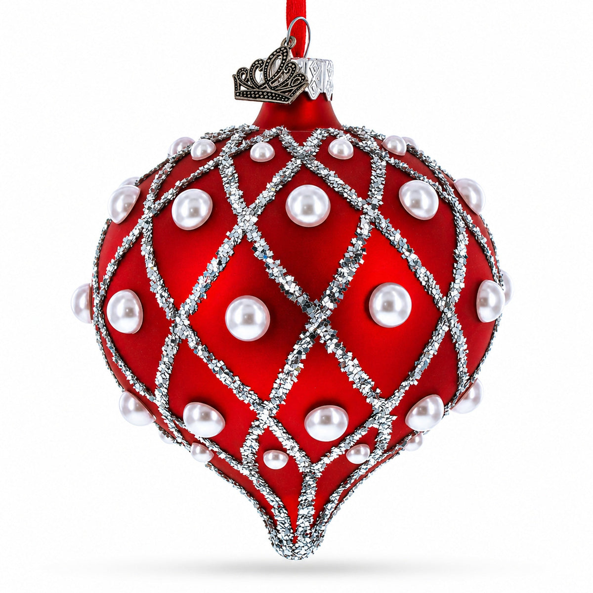 Pearl on Diamond Grid on Red Onion-Shape Finial Glass Christmas Ornament