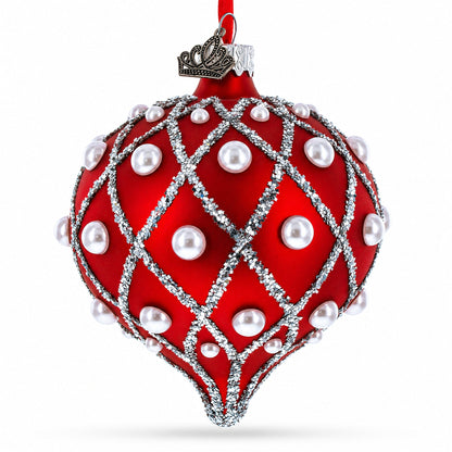 Pearl on Diamond Grid on Red Onion-Shape Finial Glass Christmas Ornament