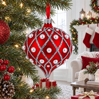 Pearl on Diamond Grid on Red Onion-Shape Finial Glass Christmas Ornament