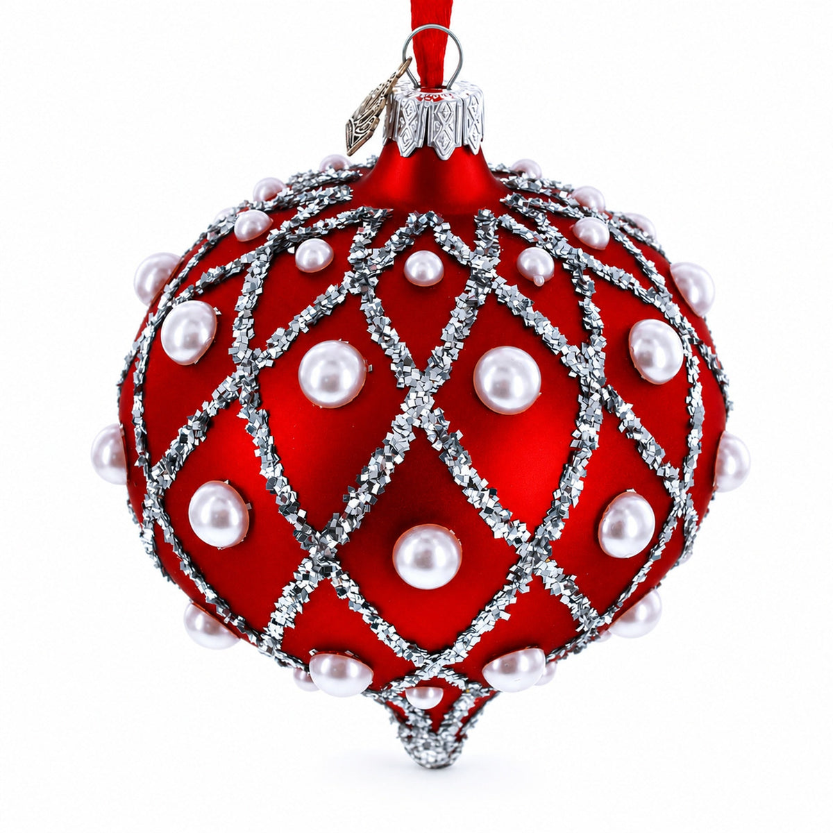 Pearl on Diamond Grid on Red Onion-Shape Finial Glass Christmas Ornament