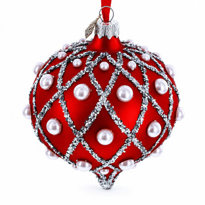 Pearl on Diamond Grid on Red Onion-Shape Finial Glass Christmas Ornament