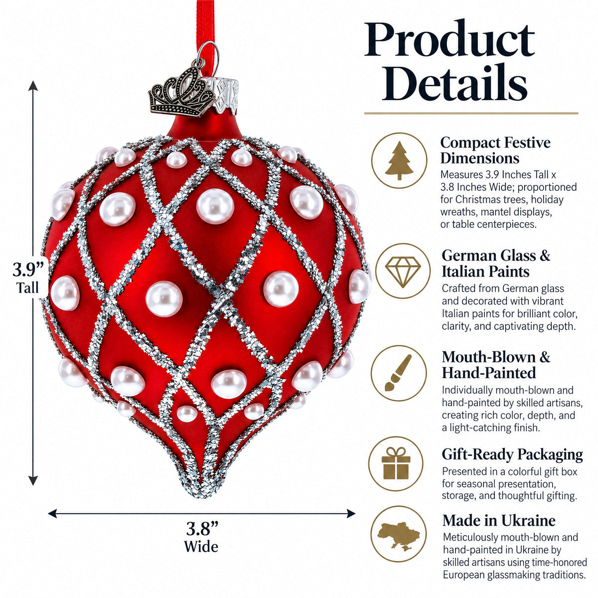 Pearl on Diamond Grid on Red Onion-Shape Finial Glass Christmas Ornament