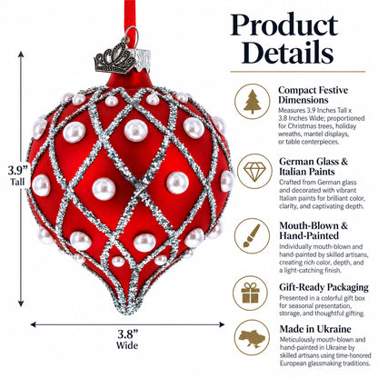 Pearl on Diamond Grid on Red Onion-Shape Finial Glass Christmas Ornament