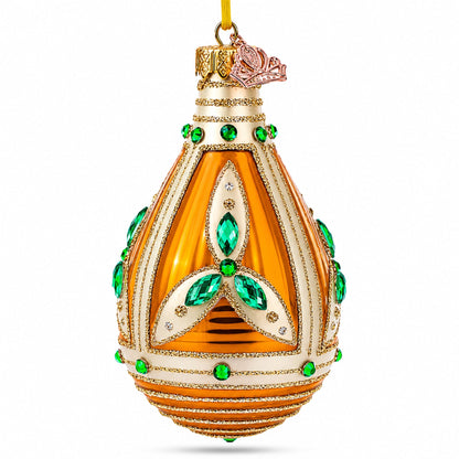 Turquoise Jewels on Striped Gold Glass Waterdrop Finial Christmas Ornament