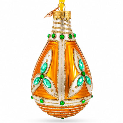 Turquoise Jewels on Striped Gold Glass Waterdrop Finial Christmas Ornament