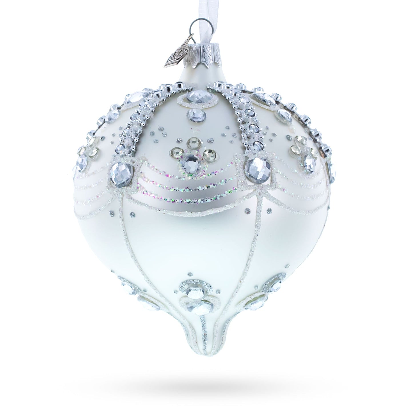 White Jewels on Silver Onion-Shape Finial Glass Ornament