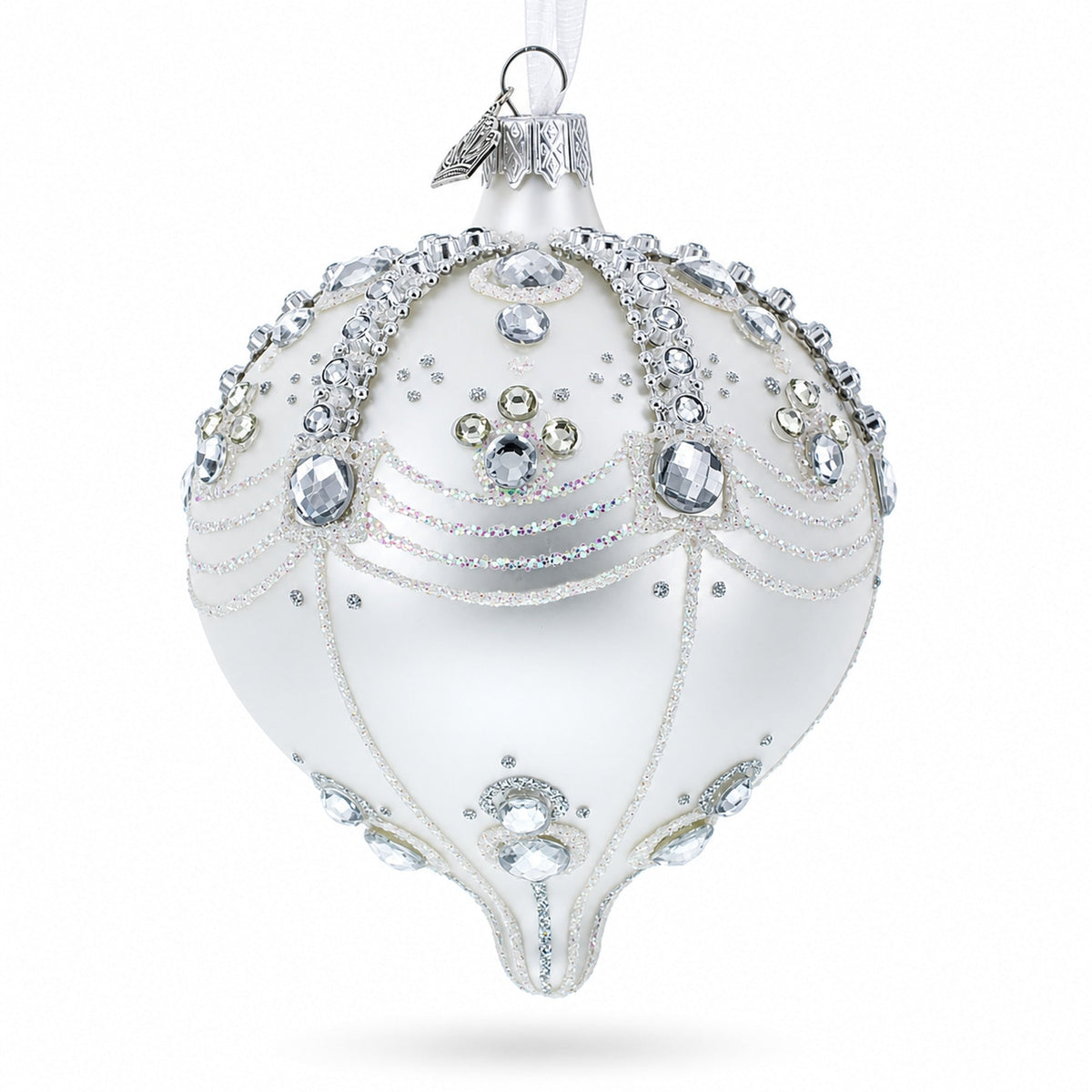 White Jewels on Silver Onion-Shape Finial Glass Ornament