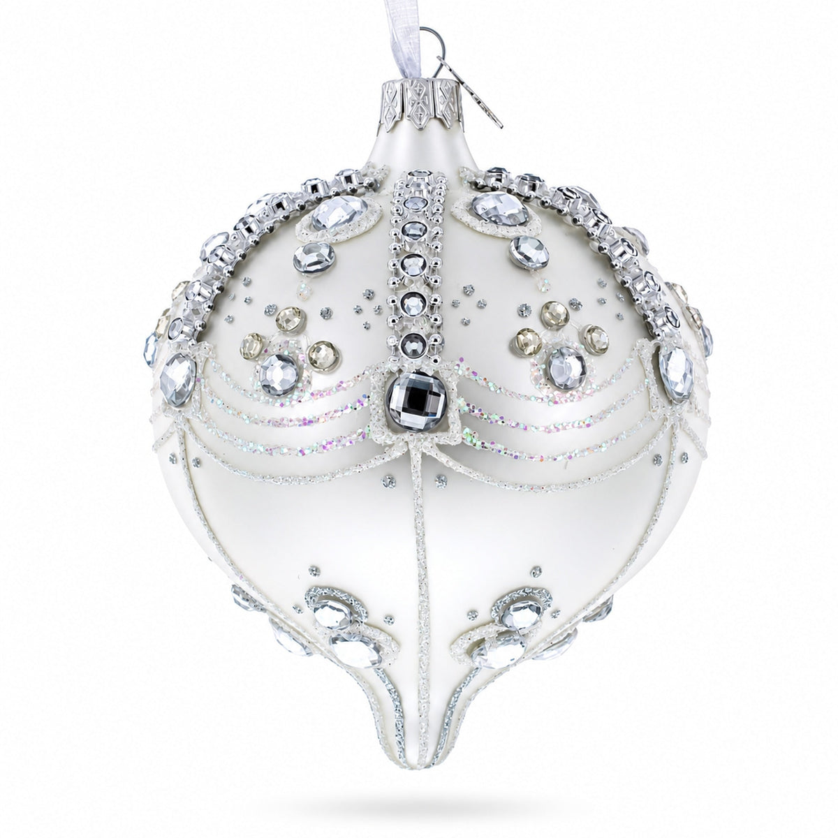 White Jewels on Silver Onion-Shape Finial Glass Ornament