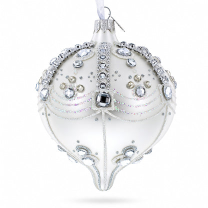 White Jewels on Silver Onion-Shape Finial Glass Ornament