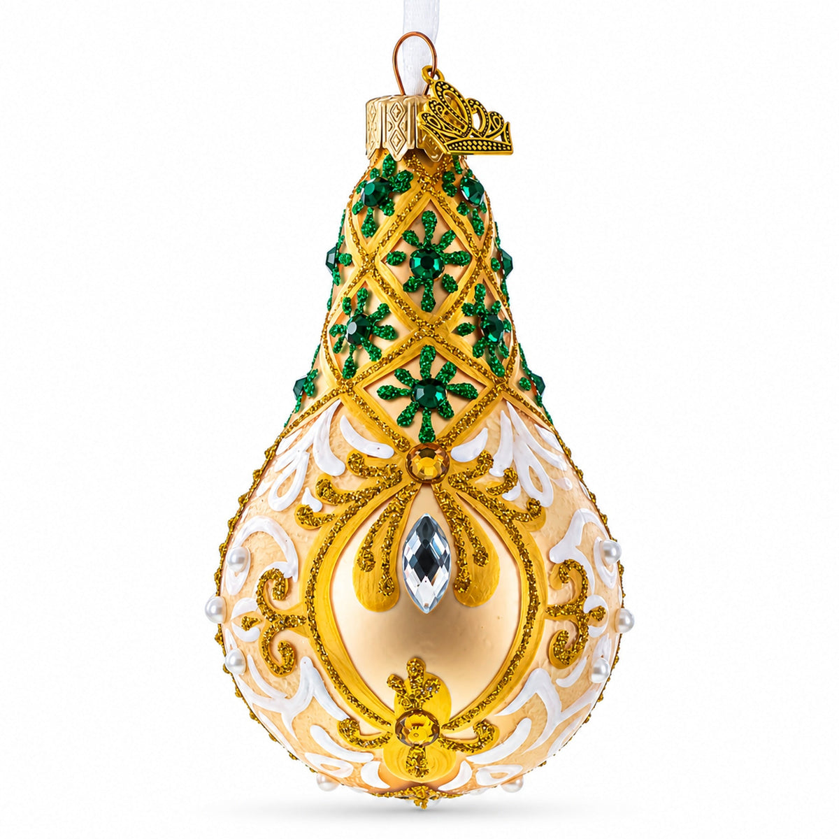 Swirls on Champagne Bejeweled Pear Shape Glass Ornament