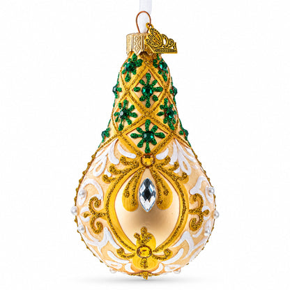 Swirls on Champagne Bejeweled Pear Shape Glass Ornament