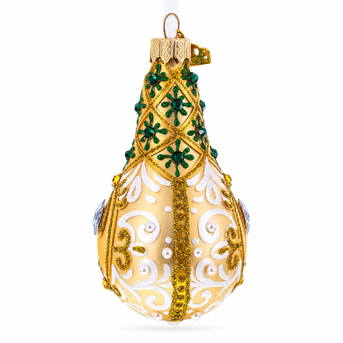 Swirls on Champagne Bejeweled Pear Shape Glass Ornament