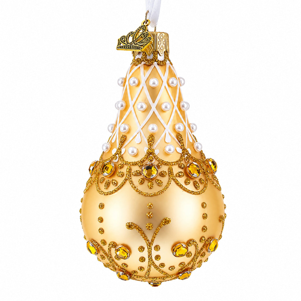 Pearls on Gold Glass Pear Shape Ornament