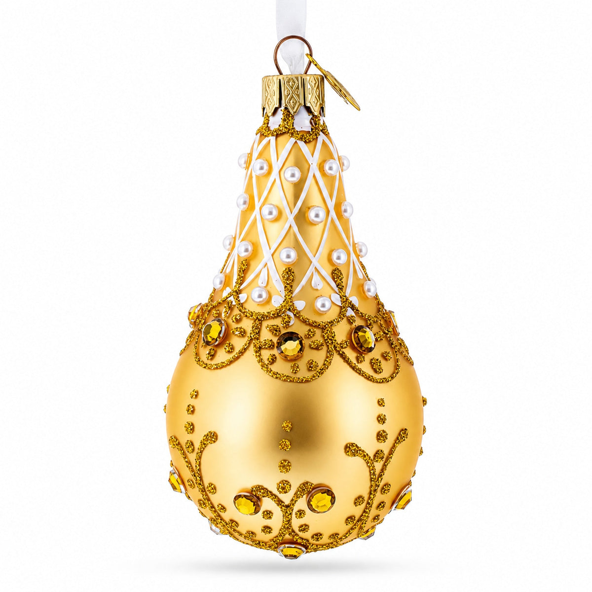 Pearls on Gold Glass Pear Shape Ornament