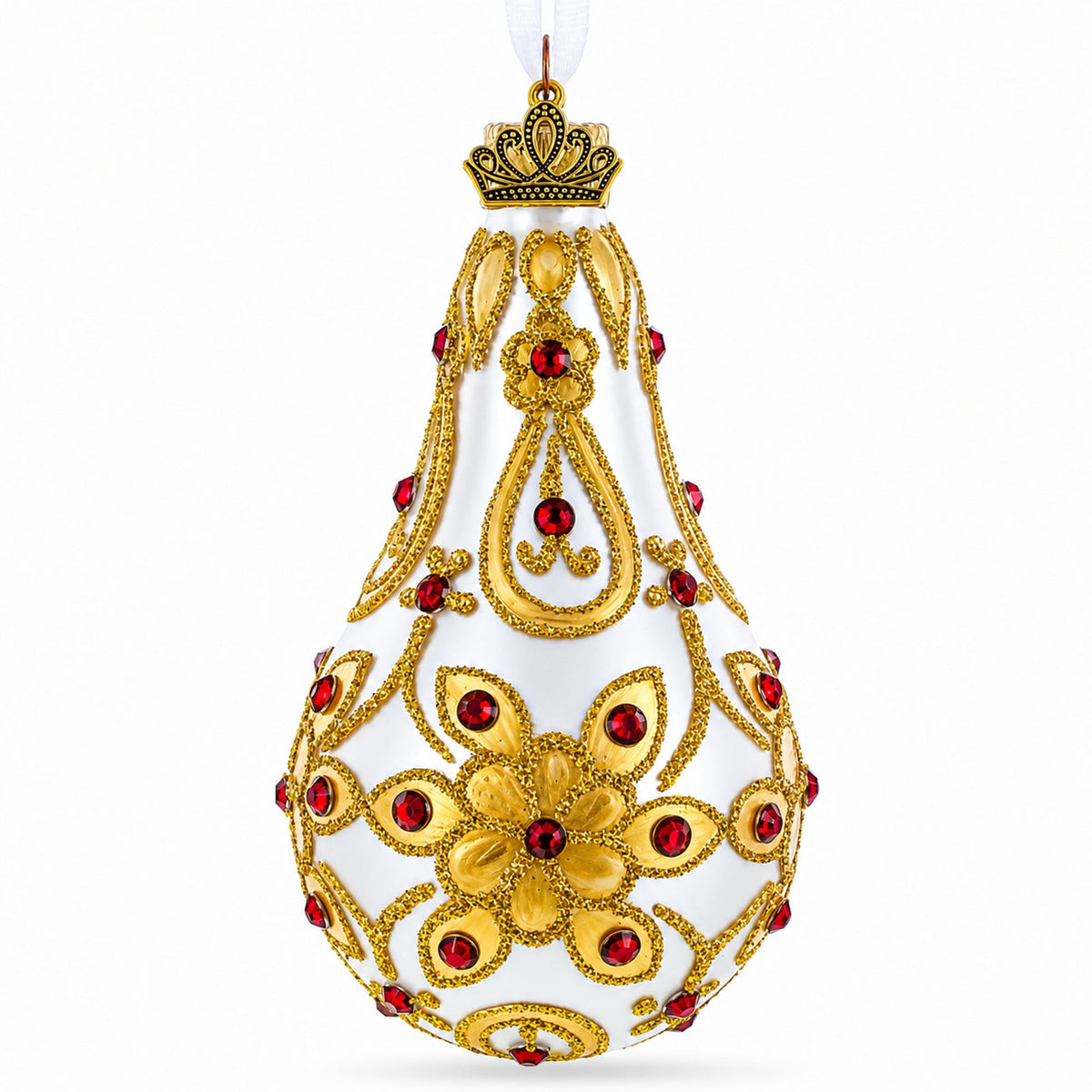 Red Jewels on Golden Leaves Pear Shape Glass Ornament