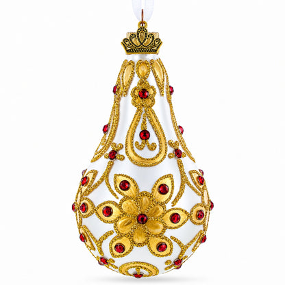 Red Jewels on Golden Leaves Pear Shape Glass Ornament