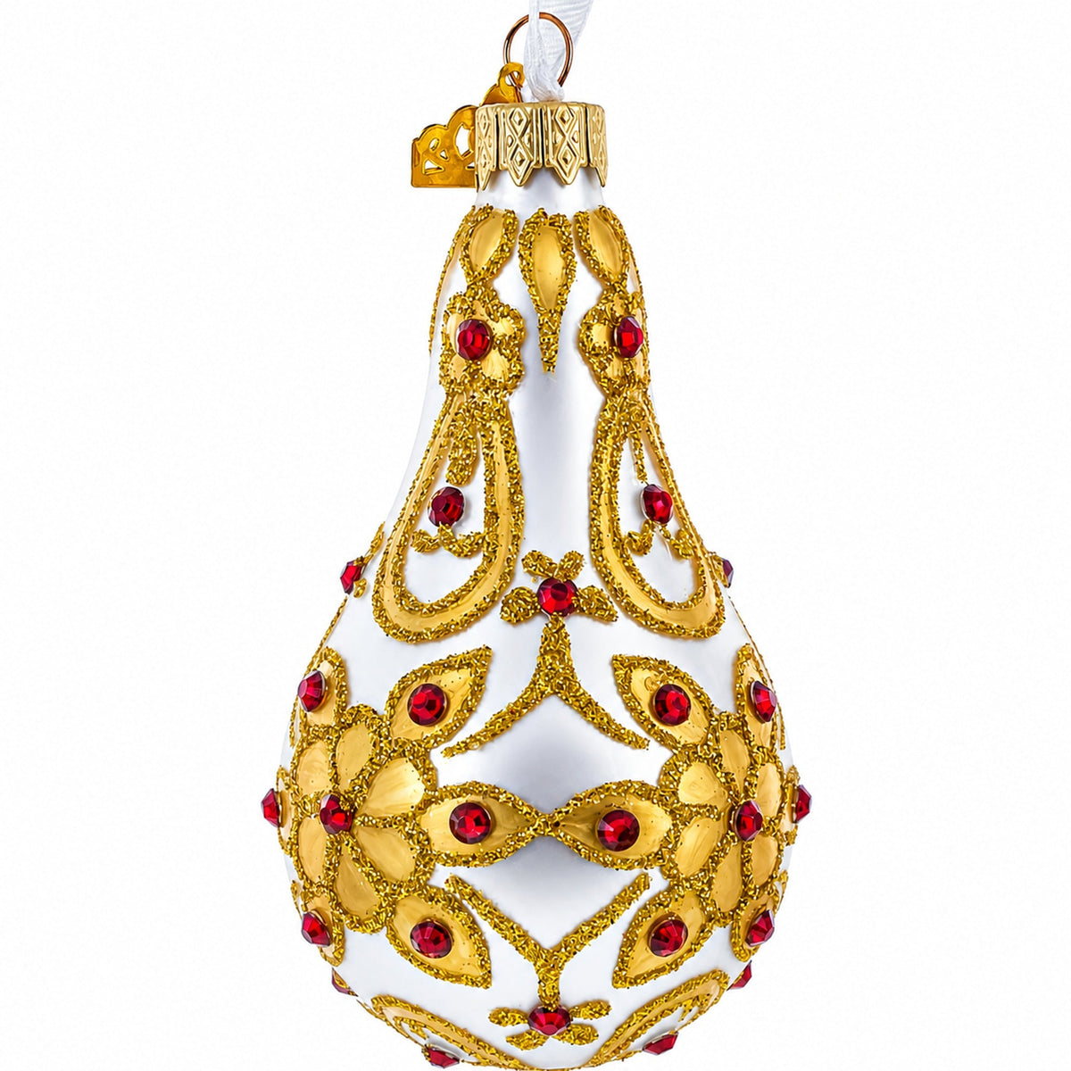 Red Jewels on Golden Leaves Pear Shape Glass Ornament
