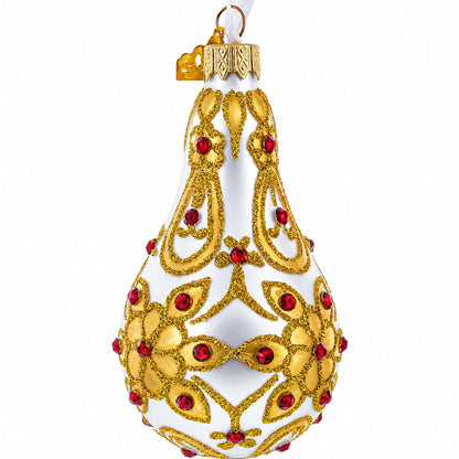 Red Jewels on Golden Leaves Pear Shape Glass Ornament