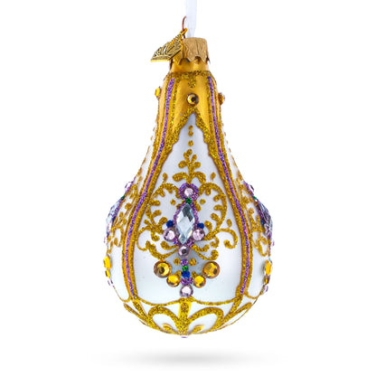 Multicolored Jewels on Golden Swirls Pear Shape Finial Glass Ornament