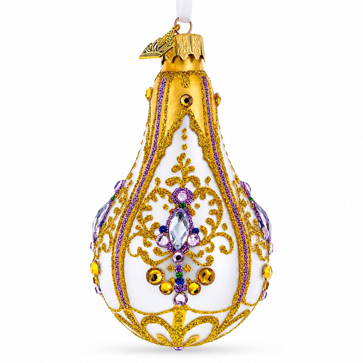 Multicolored Jewels on Golden Swirls Pear Shape Finial Glass Ornament