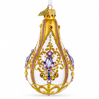 Multicolored Jewels on Golden Swirls Pear Shape Finial Glass Ornament