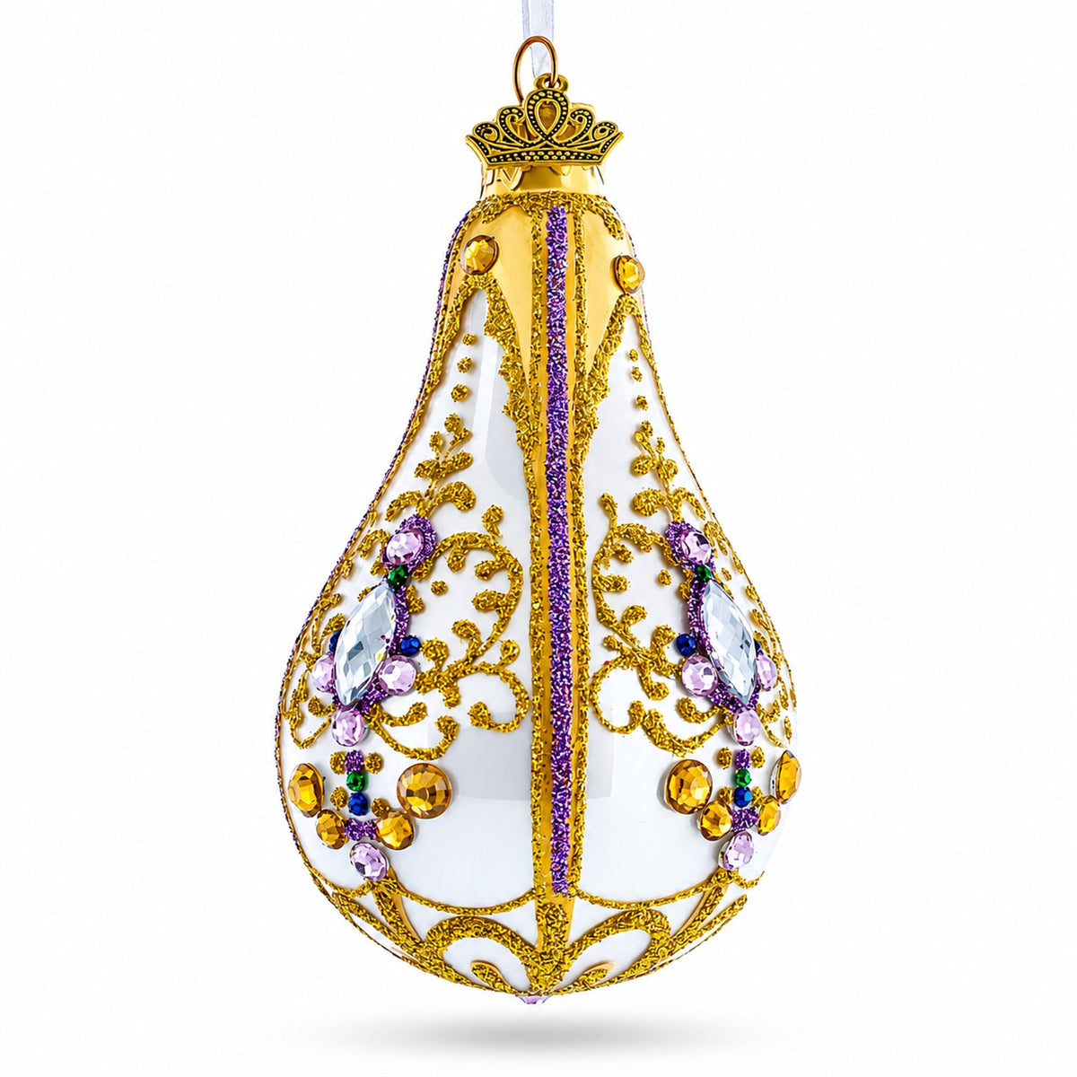 Multicolored Jewels on Golden Swirls Pear Shape Finial Glass Ornament